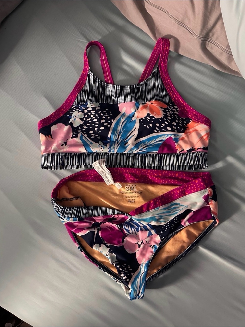 Athleta Girl Navy Floral Bikini Set with Pink & Coral Accents
